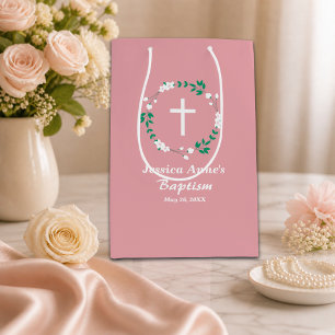 Sacola Para Presentes Média Pó Rosa Branco Cruz Floral Brasão Batismo
