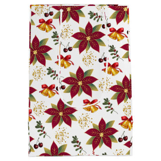 Sacola Para Presentes Média Poinsettia Cherry Bells Christmas