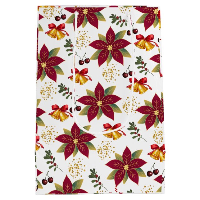 Sacola Para Presentes Média Poinsettia Cherry Bells Christmas (Verso)