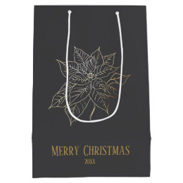 Sacola Para Presentes Média Poinsettia Dourada Elegante em Fundo Escuro