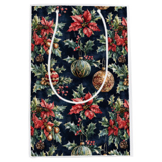 Sacola Para Presentes Média Poinsettias e Enfeites de Natal Frente e Verso
