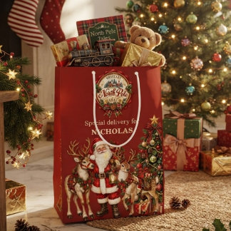 Sacola Para Presentes Média Polo Norte Papai Noel Rena de Natal Nome Personali