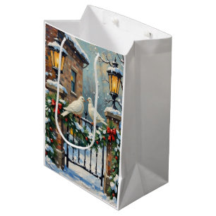 Sacola Para Presentes Média Pombas de Inverno Vintage no Portão Iluminado por