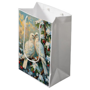 Sacola Para Presentes Média Pombas de Natal Antigas em Ramo de Sempre-Verde Ne