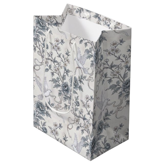 Sacola Para Presentes Média Pombas e Flores de Peônia com Fitas (Frente inclinada)