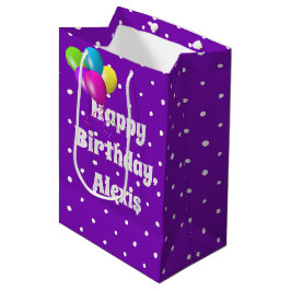 Sacola Para Presentes Média Pontos brancos no aniversário do balão roxo