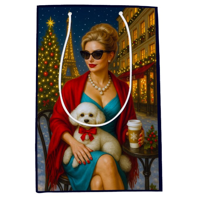 Sacola Para Presentes Média Poodle Holiday  (Frente)