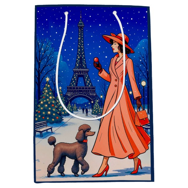 Sacola Para Presentes Média Poodle Holiday  (Frente)