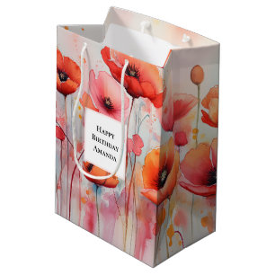 Sacola Para Presentes Média Poppies de Aquarela Vermelha num Aniversário de Ca