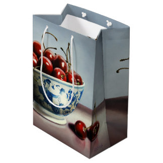 Sacola Para Presentes Média Porcelana Azul & Cerejas