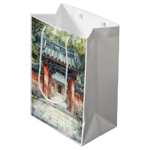 Sacola Para Presentes Média Portão do Templo Vermilion Aquarela Tinta (3)