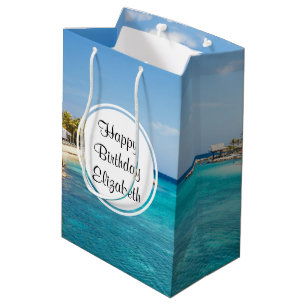 Sacola Para Presentes Média Praia Cênica Tropical com o Aniversário de Thatch