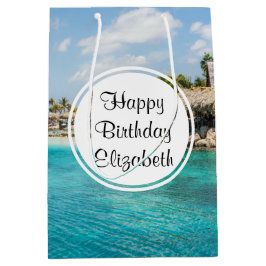 Sacola Para Presentes Média Praia Cênica Tropical com o Aniversário de Thatch