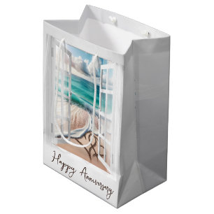 Sacola Para Presentes Média Praia Corações na Janela para Aniversário