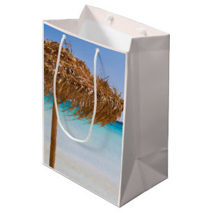 Sacola Para Presentes Média Praia Tropical Cênica com Guarda-Sol de Palha