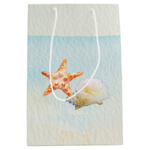Sacola Para Presentes Média Praia tropical com estrela do mar e Conch