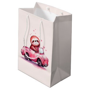 Sacola Para Presentes Média Preguiça Fofa Dirigindo um Conversível Rosa