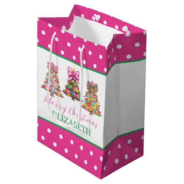 Sacola Para Presentes Média Preppy Pink and Green Christmas Trees (Frente inclinada)
