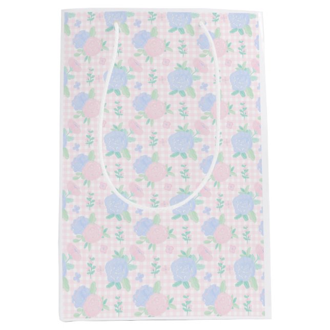 Sacola Para Presentes Média Preppy watercolor gingham floral (Frente)