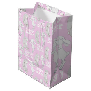 Sacola Para Presentes Média Presente de Felz pascoa de Cinza Rosa Bonito