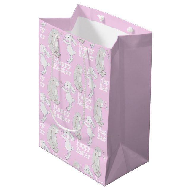 Sacola Para Presentes Média Presente de Felz pascoa de Cinza Rosa Bonito (Frente inclinada)