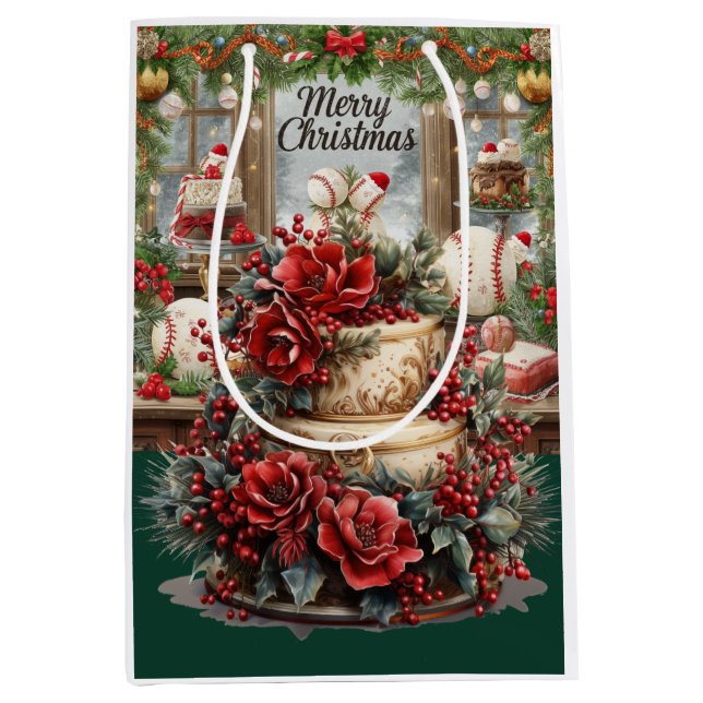 Sacola Para Presentes Média Presente de Natal de Baseball (Frente)