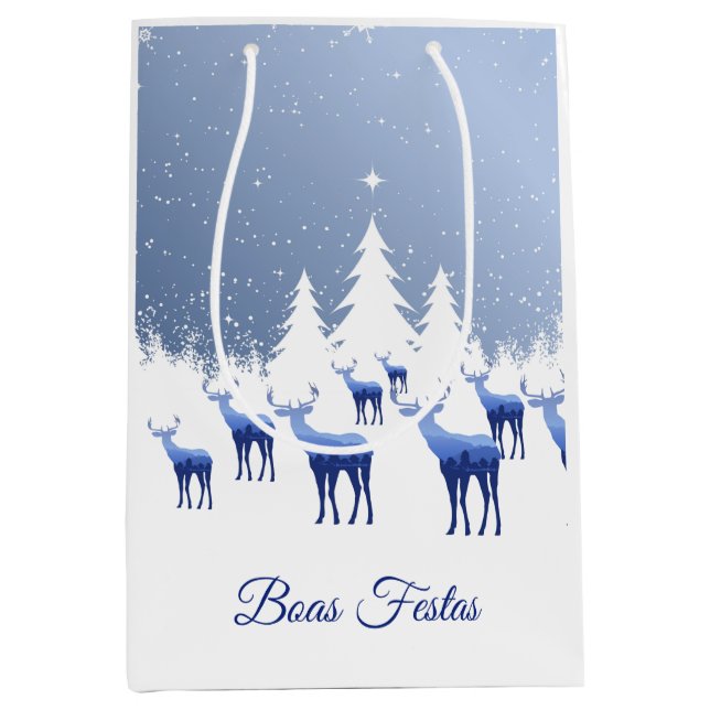 Sacola Para Presentes Média Presente Natal Bag Blue Deer Boas Festas (Frente)
