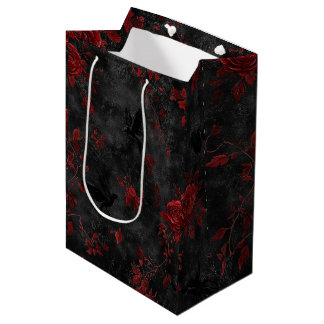 Sacola Para Presentes Média Preto com Rosas Vermelhas e Corvos – Floral Gótico