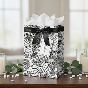 Sacola Para Presentes Média Preto e branco paisley