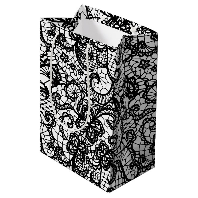Sacola Para Presentes Média Preto Lace em Branco (Verso inclinado)
