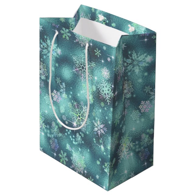Sacola Para Presentes Média Prettiest Snowflakes, Teal ID846 (Verso inclinado)