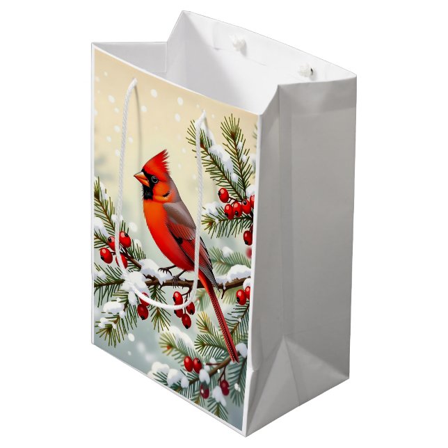 Sacola Para Presentes Média Pretty Christmas Cardinal and Snowflakes Christmas (Frente inclinada)