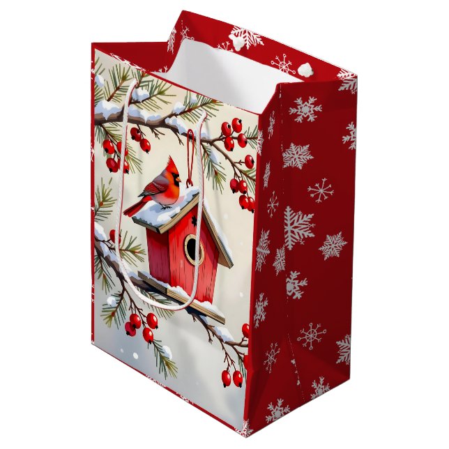 Sacola Para Presentes Média Pretty Christmas Cardinal & Birdhouse Snowflakes (Frente inclinada)