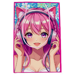 Sacola Para Presentes Média Pretty Pink Anime Girl's Birthday Party