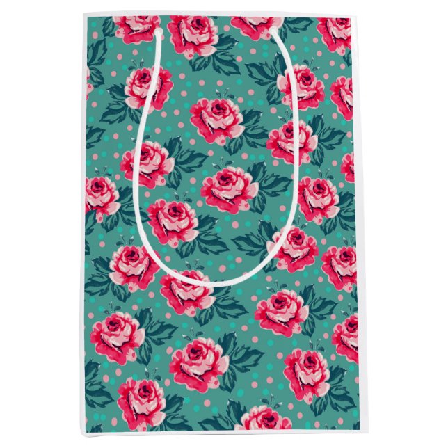Sacola Para Presentes Média Pretty Pink Roses and Polka Dot Pattern on Teal (Frente)