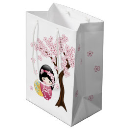 Sacola Para Presentes Média Primavera Kokeshi Doll - Garota Geisha Japonesa Bo