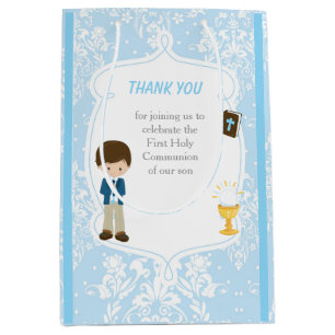 Sacola Para Presentes Média Primeira Comunhão Brunette Hair Boy Obrigado