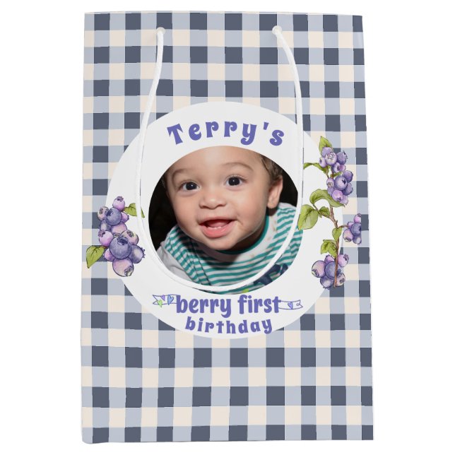 Sacola Para Presentes Média Primeiro Aniversário de Blueberry Berry (Frente)