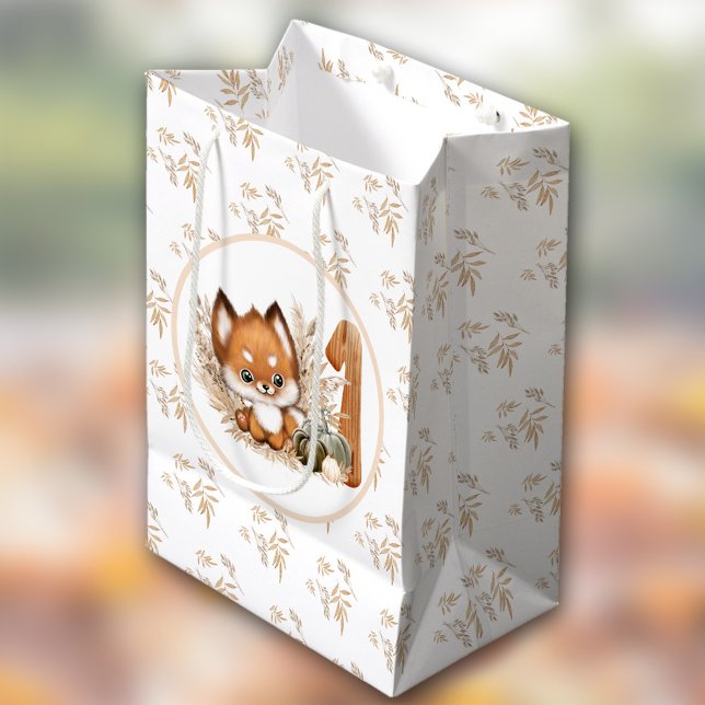 Sacola Para Presentes Média Primeiro aniversario de outono Raposa (Fall Autumn 1st Birthday Cute Fox Medium Gift Bag)