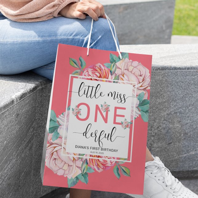 Sacola Para Presentes Média Primeiro Aniversário Floral Rosa (Criador carregado)