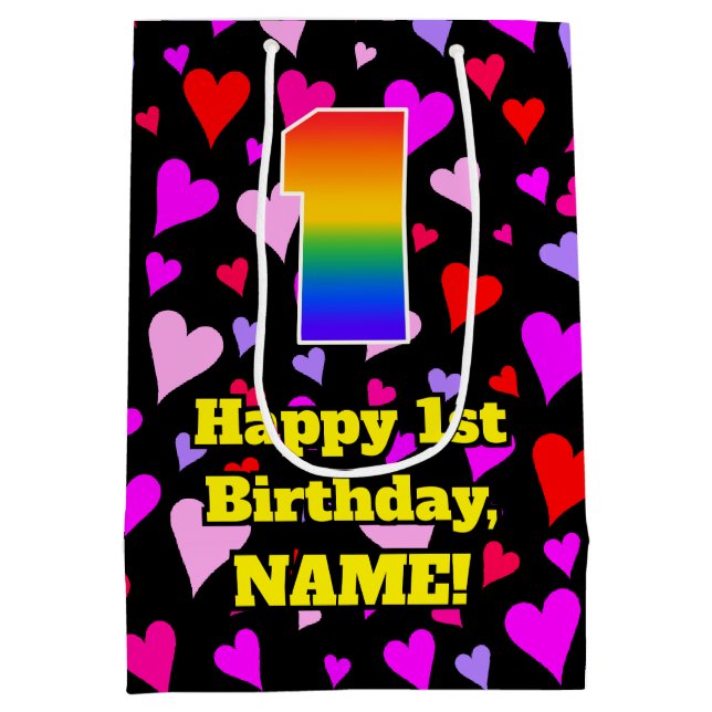 Sacola Para Presentes Média primeiro aniversario: Padrão de Corações Adoráveis (Verso)