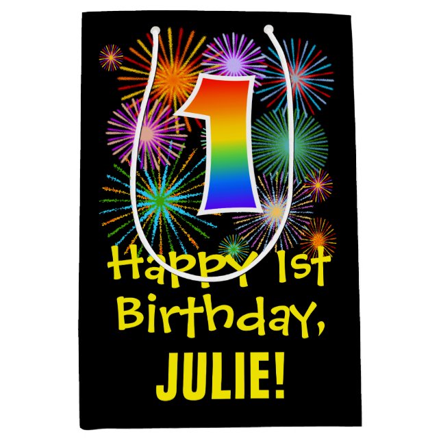 Sacola Para Presentes Média primeiro aniversario: Padrão de fogos de artifício (Frente)