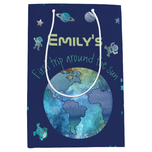 Sacola Para Presentes Média Primeiro aniversário | primeira viagem à volta do  (Frente)