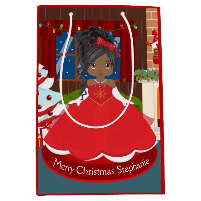 Sacola Para Presentes Média Princesa de Natal Negra (Frente)