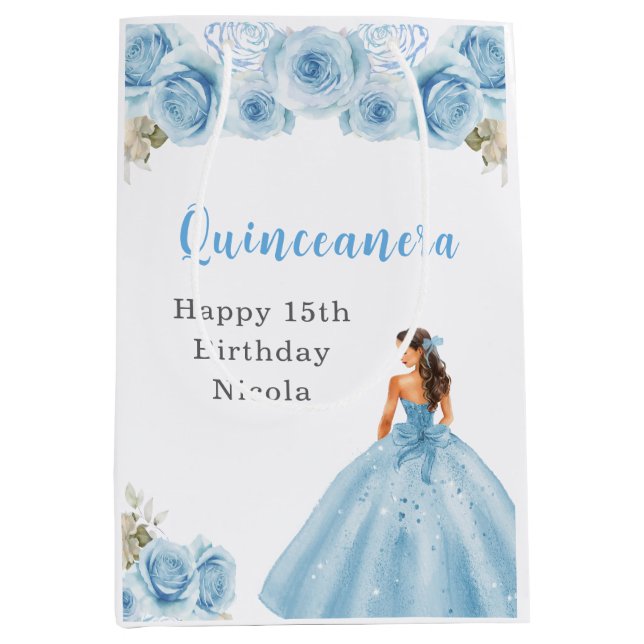Sacola Para Presentes Média Princesa no Vestido Azul Quinceanera Aniversário (Frente)