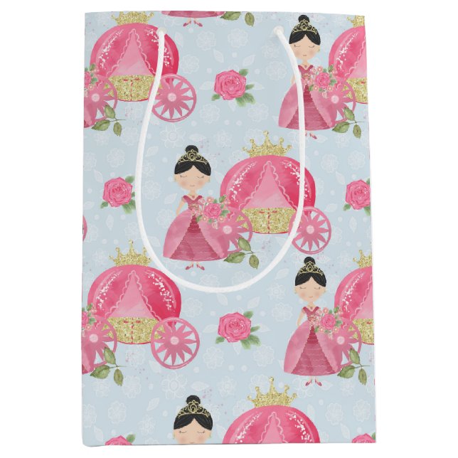 Sacola Para Presentes Média Princesa rosa e carruagem (Frente)