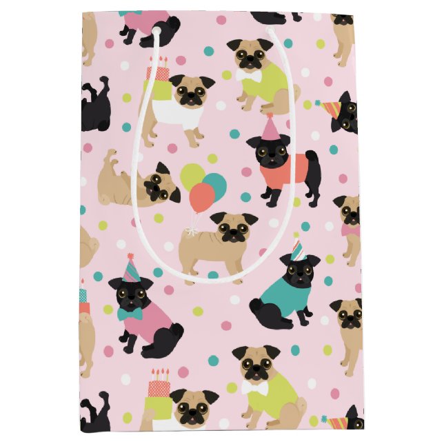 Sacola Para Presentes Média Pug Birthday Party Celebration (Frente)