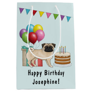 Sacola Para Presentes Média Pug Cerimonial Fofo Aniversário Feliz Colorido