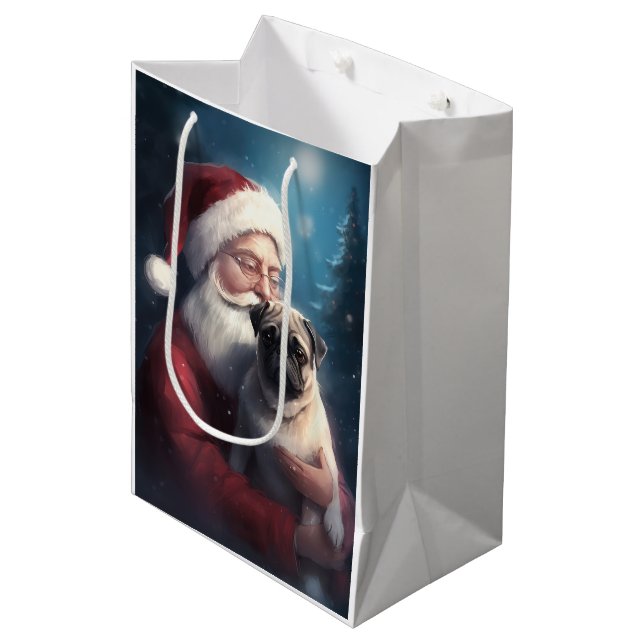 Sacola Para Presentes Média Pug Com Papai Noel Natal Festivo (Frente inclinada)