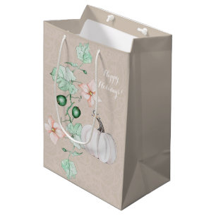 Sacola Para Presentes Média Pumpkin Branco Floral Watercolor Personalizado